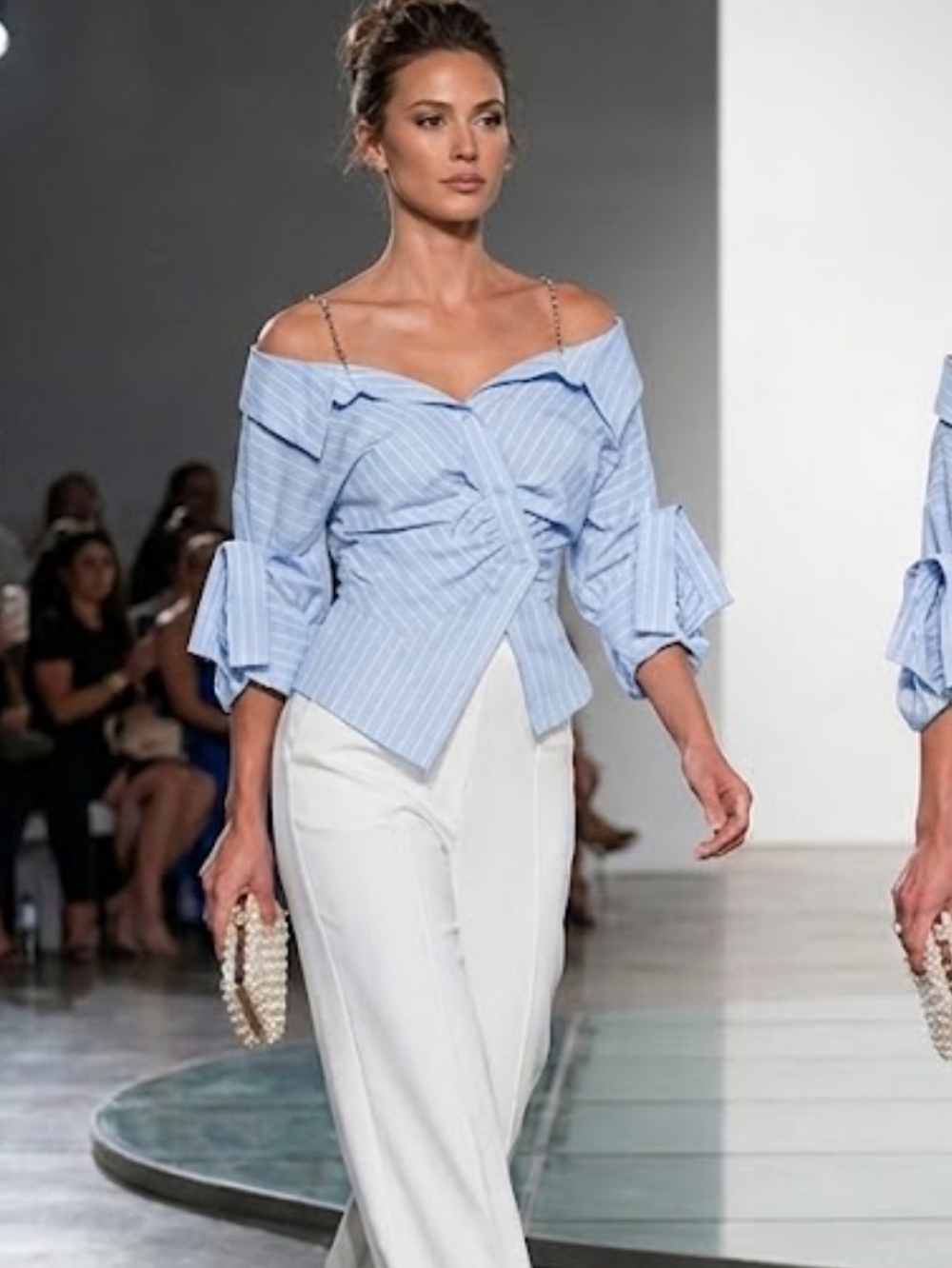 Light Blue With Rhinestones Strips Off-Shoulder Puffy Balloons Sleeves Top